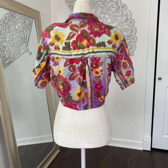 Vintage 90s 1991 Colorful Boho Hippie Floral Flower Front Tie Crop Top Blouse S - Picture 5 of 7